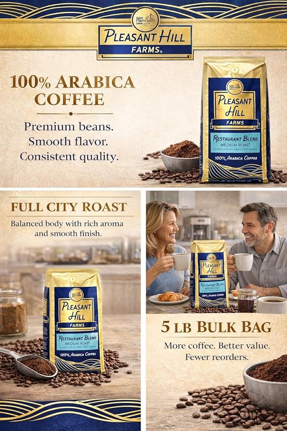 Pleasant Hill Farms Arabica Coffee Ground Full City Roast 100% Arabica Kosher Certified 5 lb Bag – Rich &amp Smooth Flavor