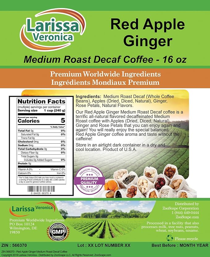 Red Apple Ginger Medium Roast Decaf Coffee (Gourmet Naturally Flavored Whole Coffee Beans) (16 oz ZIN: 566370) - 3 Pack