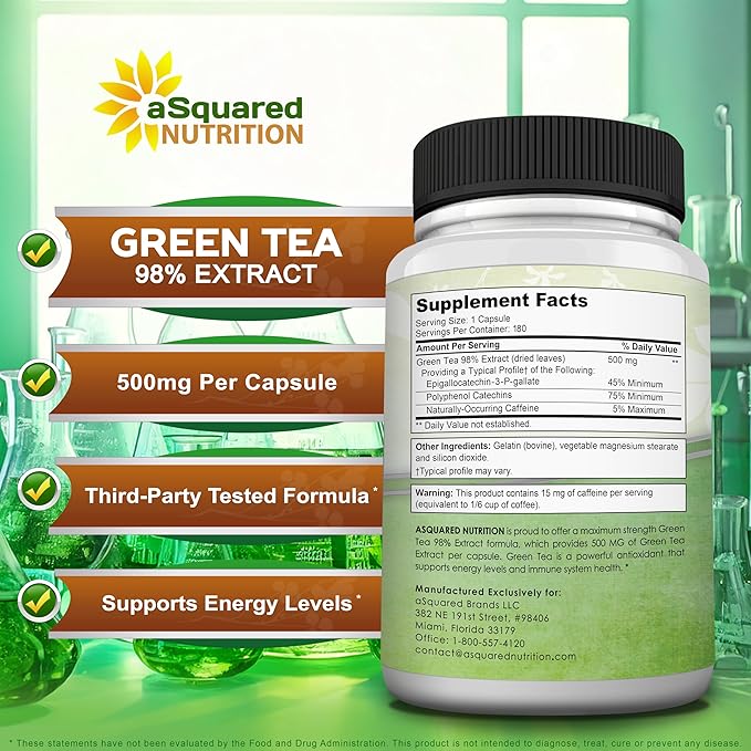 aSquared Nutrition Green Tea Extract with EGCG – 180 Capsules – 500mg per Capsule – 75% Polyphenols 45% EGCG – Antioxidant Support Heart Health Natural Detox – Low Caffeine Supplement