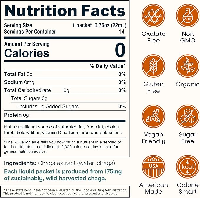 Mushroom Liquid Concentrate 14 Single Serving Packets Chaga Extract Easy Mix Liquid Form 175 mg per Packet