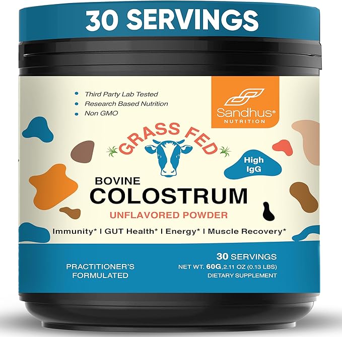 Sandhu's Grass Fed Bovine Colostrum Powder for Humans Adults | 30 Servings (Pack of 1) Cows Supplement | High IgG for Gut Health | Immunity &amp Muscle Recovery Support | Unflavored | for Men &amp