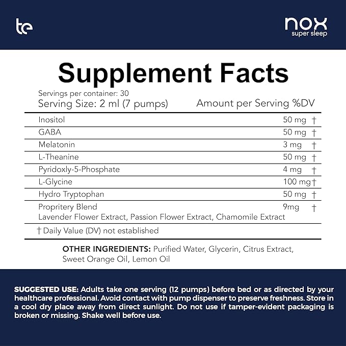 te USA Nox Super Sleep | Synergistic Sleep Aid for Calming Restlessness Supporting Melatonin Synthesis and Regulating Natural Circadian Rhythm Sleep-Wake Cycle | Melatonin Gaba L-Theanine Supplement