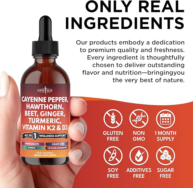 Cayenne Pepper Supplement Liquid Drops + Hawthorn Berry Vitamin D3 K2 Beet Root Powder Ceylon Cinnamon Turmeric Curcumin Organic Panax Ginseng - 2oz
