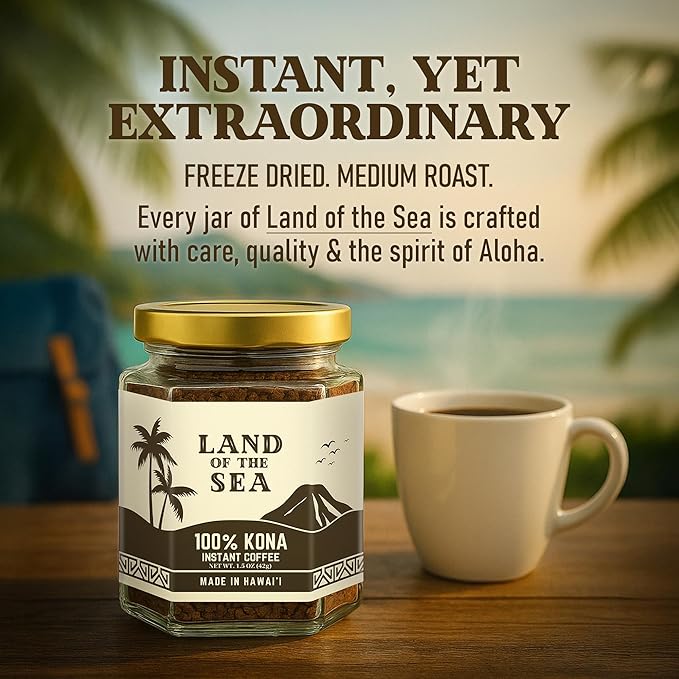 KONA COFFEE 100% - Premium Freeze Dried Instant Coffee - Low Acid Coffee - Medium Roast Arabica Hawaiian Coffee 1.5oz (3 Packs | 66 Servings)