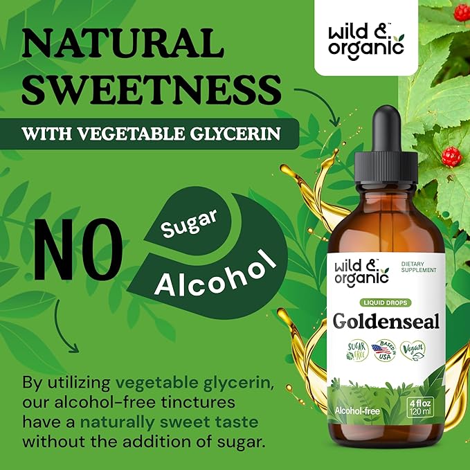 Wild &amp Organic Goldenseal Tincture - Lung &amp Digestive Support - Goldenseal Root Extract Liquid Drops - Vegan Sugar &amp Alcohol-Free Herb Supplement - 4 fl oz
