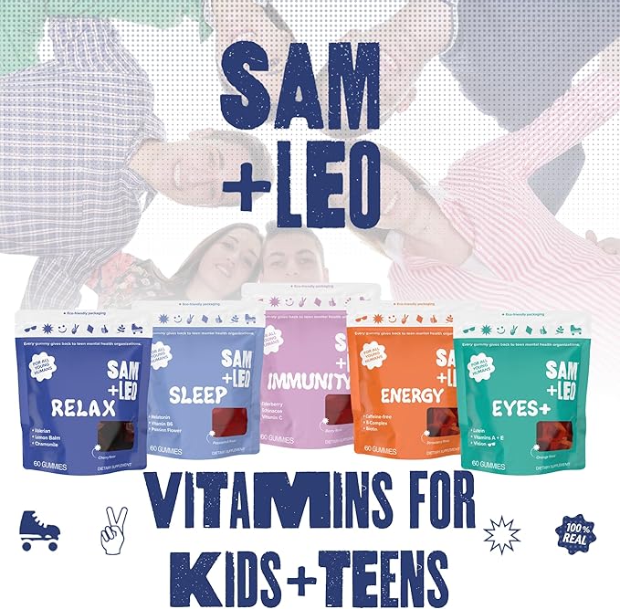 SAM+LEO Relax Gummies with Valerian Lemon Balm &amp Chamomile for Kids &amp Teens – Stress Relief &amp Relaxation Support – Vegan &amp Gluten Free Cherry Flavor (60 Count)