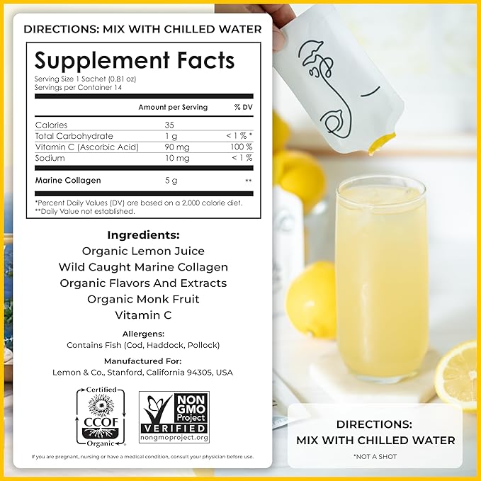LEMON &amp CO. 8-Week Starter Kit Bundle – Liquid Collagen for Women + Insulated Bottle - 5000mg Marine Collagen Peptides for Skin Nails Hair &amp Gut Health | Organic Lemons Vitamin C No Preser
