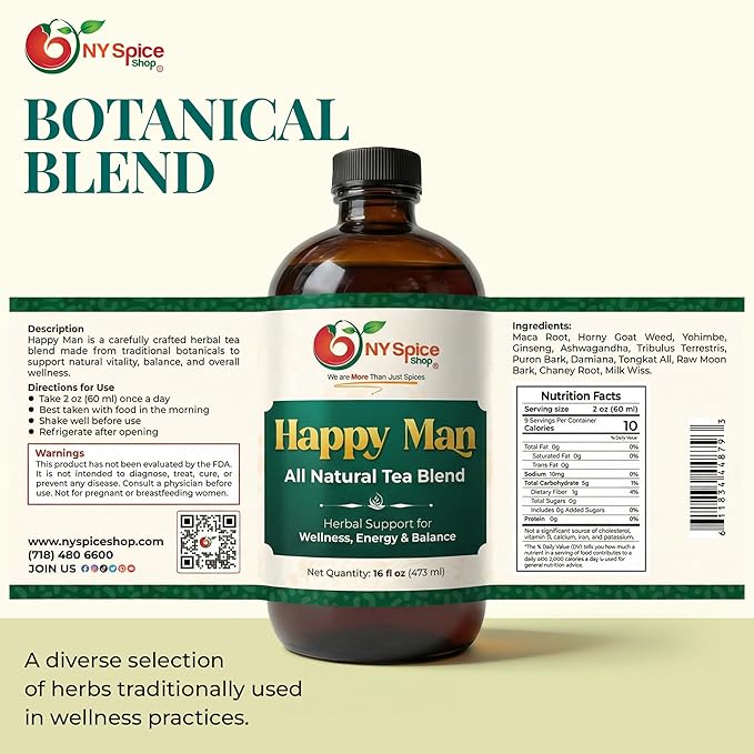 NY Spice Shop Happy Man Herbal Tea Blend - All-Natural Beverage For Everyday Use - Plant-Based Infusion Crafted With Natural Ingredients - Liquid Tea Concentrate - 16 Ounce Bottle (3 Count)