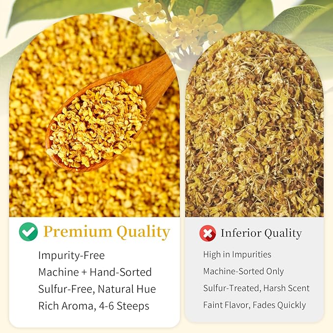 Wanhua Hall Pure Natural Osmanthus Flower Tea 1.76oz/50g Premium Osmanthus Fragrans Herb Gui Hua Dried Intact Blossoms Stem-Free Bright Golden Hue Rich Aroma 桂花 桂花干 无硫无杂