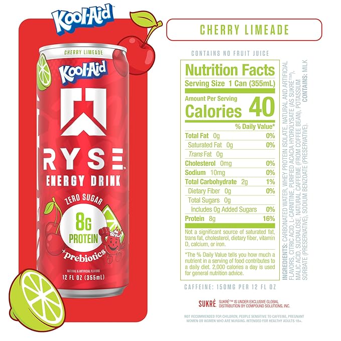 RYSE Functional Energy Drink - Kool-Aid Cherry Limeade - 150mg Natural Caffeine 8g Whey Protein &amp 1g Prebiotics - Sugar Free Gut-Friendly Bloat-Free - 12 fl oz Cans (12-Pack)