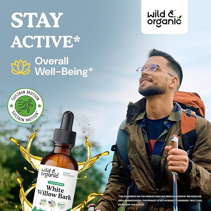 Wild &amp Organic White Willow Bark Extract Liquid Drops - Overall Well-Being Supplement - 500 mg White Willow Bark Herb Tincture - No Alcohol &amp Sugar Non-GMO - 2 fl oz