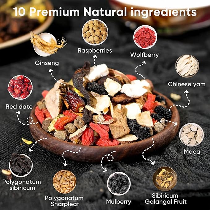 Kidney Tea Formula Ginseng Six Treasure Tea 10 Precious Ingredients Formula 260g/Box Ginseng Five Treasure Teabag Chinese Herbal Teas Support Kidney and Live Health for Men Women (20 bags/2Box)