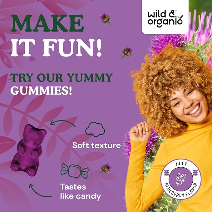 Wild &amp Organic Milk Thistle Gummies 1500mg - Herbal Supplement for Liver Cleanse Detox - Silymarin Milk Thistle Liver Detox Gummies - 60 Vegan Non-GMO Chews