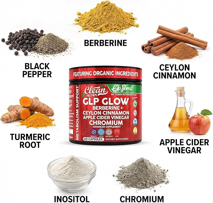GLP1 Supplement Berberine Ceylon Cinnamon Apple Cider Vinegar Chromium Turmeric PCOS Supplements Immunity &amp Metabolism Support 60 Vegan Capsules by Clean Nutra