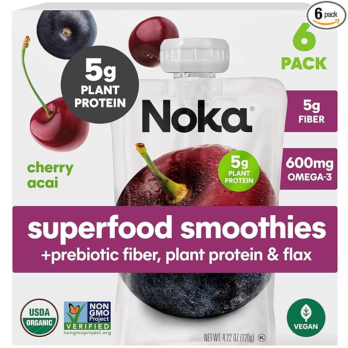 Noka Superfood Fruit Smoothie Pouches Cherry Acai Healthy Snacks with Flax Seed Plant Protein and Prebiotic Fiber Vegan and Gluten Free Snacks Organic Squeeze Pouch 4.22 oz 6 Count