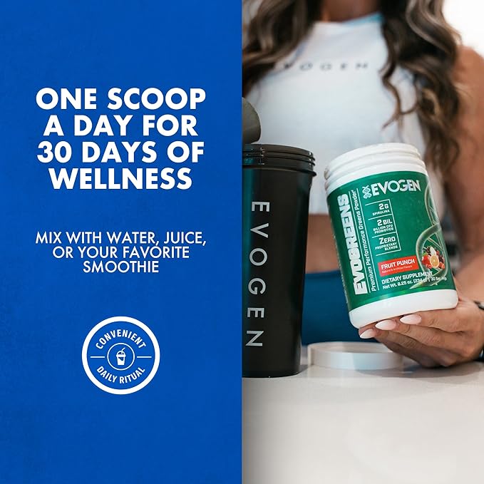 Evogen Evogreens - Super Greens Powder | Promotes Recovery Wellness &amp Immune Health | Greens Superfood Powder with Spirulina Probiotics Pomanox Pomegranate Extract | Fruit Punch | 30 Servings