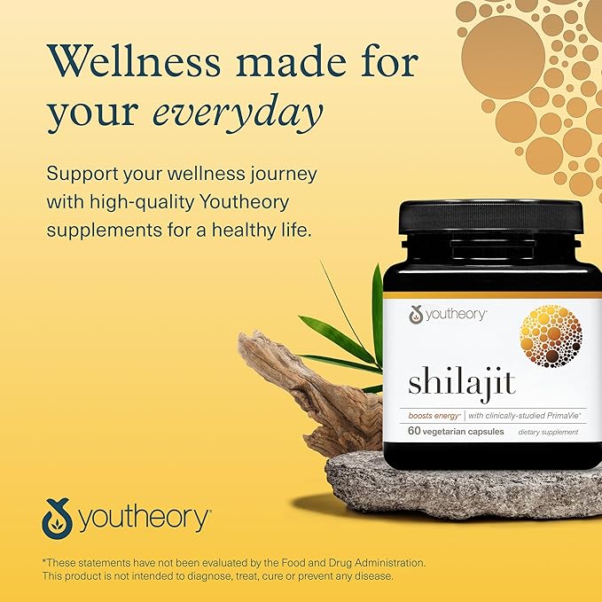 Youtheory Shilajit - PrimaVie Himalayan Shilajit Capsules - Supports Energy Stamina &amp Endurance* - Gluten Free - 60 Capsules (30-Day Supply)
