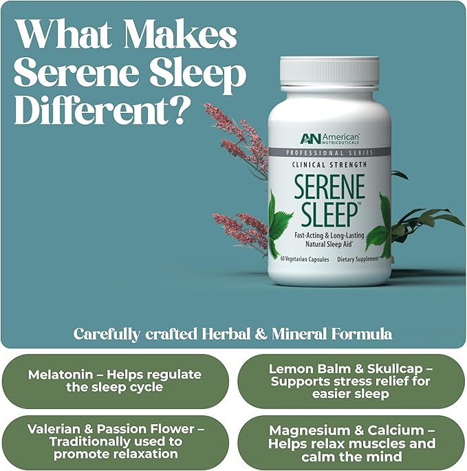 American Nutriceuticals - Serene Sleep Aid - with Melatonin &amp Magnesium - All Natural Sleep Aid for Adults -Long-Lasting - 60 Capsules -30 Day Supply