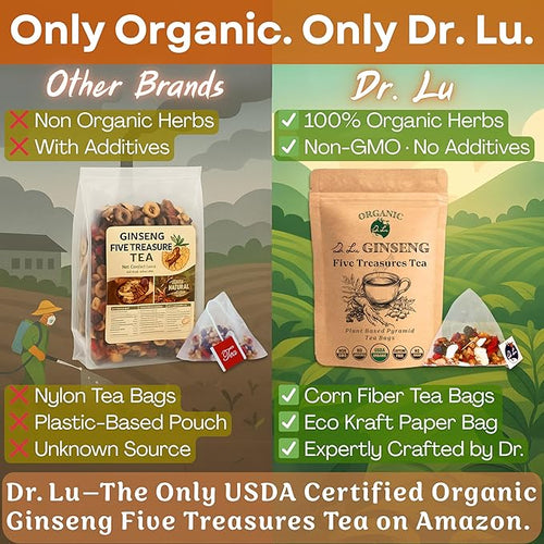 2 Pack of Dr. Lu’s Organic Ginseng Five Treasures Tea Kidney Tea | Ginseng Six Treasures tea for Kidney Cleanse Detox &amp Repair with Maca Root in Corn Fiber Pyramid Bags (No Plastic/Nylon) | Made i