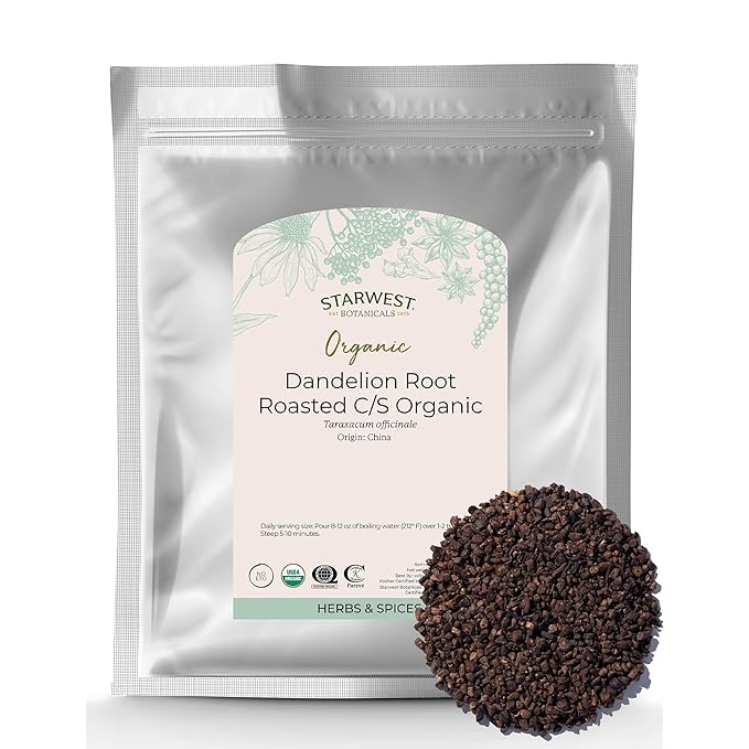 Starwest Botanicals Organic Roasted Dandelion Root - Loose Leaf Herbal Tea Cut &amp Sifted Certified Kosher Non-GMO Caffeine-Free - Bulk 1 lb Bag