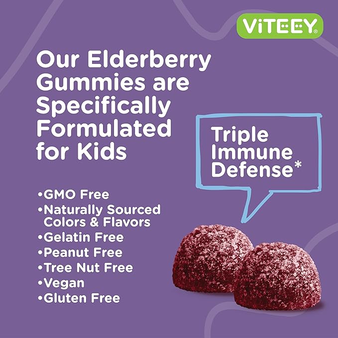 Viteey Sambucus Elderberry Gummies for Kids Immune Support Supplements with Zinc &amp Vitamin C 3-1 Immune Booster - Vegetarian Gelatin Free Gluten Free GMO Free - Tasty Chewable Berry Flavored