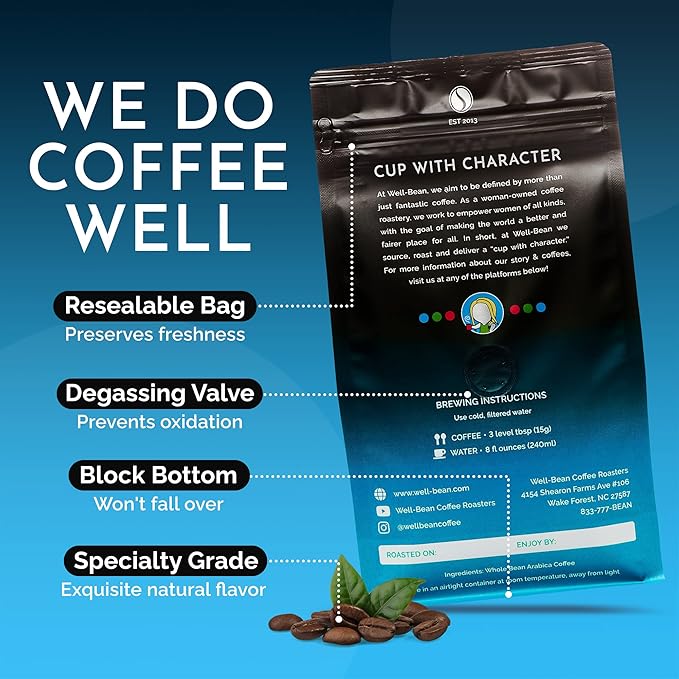 Well-Bean Coffee - Slay the Day Whole Bean Coffee Dark Brazilian Coffee Vegan Coffee Beans Whole Gluten-Free and Keto Friendly Dark Roasted Coffee 2 lb Coffee…