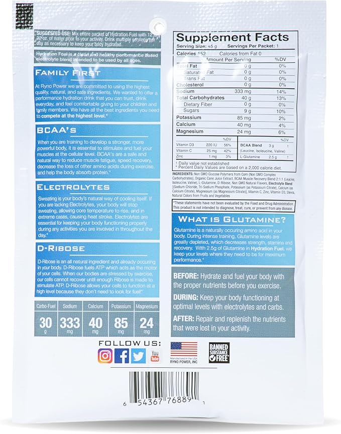 Ryno Power Hydration Fuel Electrolyte Drink Mix Single Caddy (12 Servings) 'Lemon Lime' - Advanced Electrolyte Formula + BCAA's - Gluten Free - Sustained Energy and Muscle Recovery