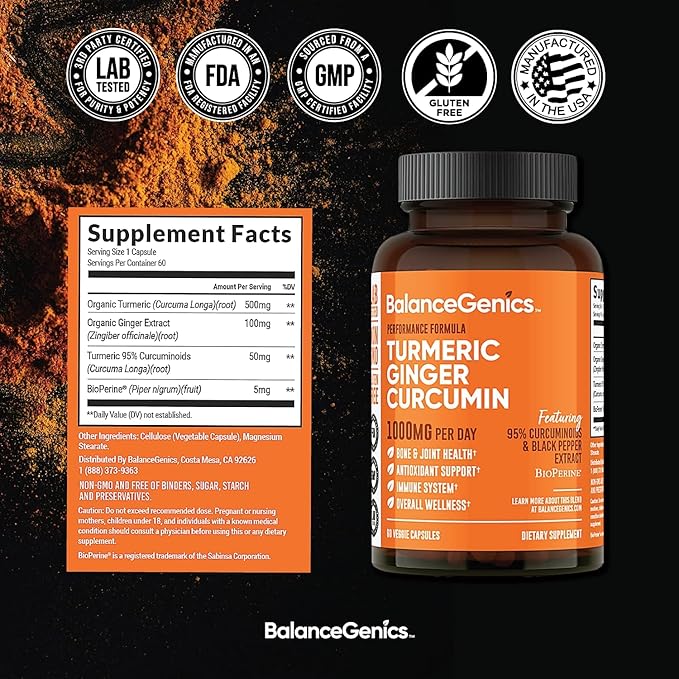 Turmeric Curcumin Supplement with Black Pepper &amp Ginger Root 1000mg | Optimized Formula 95% Curcuminoids Curcuma | Joint Health &amp Inflammation Support | 60 Capsules Powder Filled