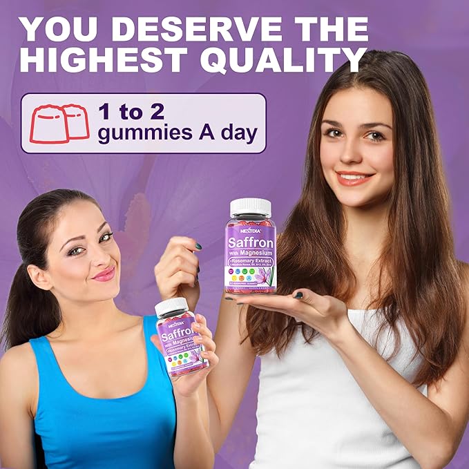 Saffron Supplements Gummies - 4 Months Supply - Saffron Extract 177mg 88.5mg w/Magnesium Glycinate 400mg 200mg Rhodiola Rosea Rosemary B6 B12 D3 for Calm Nerve Rest Focus Sugar-Free 2 Pack