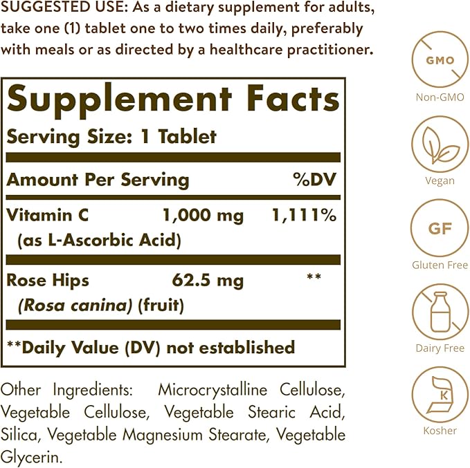 Solgar Vitamin C 1000 mg with Rose HIPS 250 Tablets - Antioxidant &amp Immune Support - Overall Health - Supports Healthy Skin &amp Joints - Non-GMO Vegan and Kosher - 250 Servings