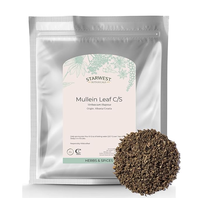 Starwest Botanicals Wildcrafted Mullein Leaf - Dried Loose Leaf Herb for Tea Cut &amp Sifted Bag Natural Source of Antioxidants Certified Kosher - Bulk 1 lb Bag