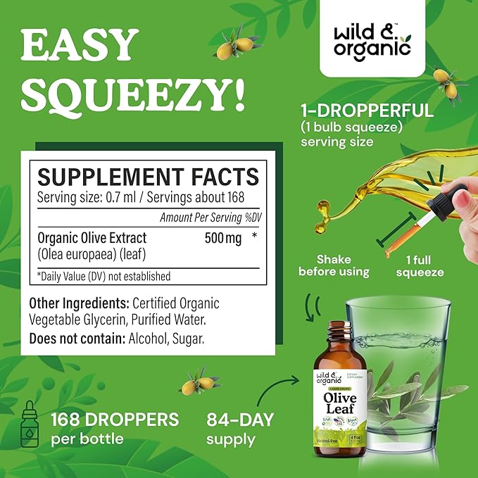 Wild &amp Organic Olive Leaf Extract Liquid Drops - Immune &amp Antioxidant Support - Oleuropein Supplement - Add to Tea Olive Leaf Tincture - Vegan Sugar &amp Alcohol Free - 4 fl oz