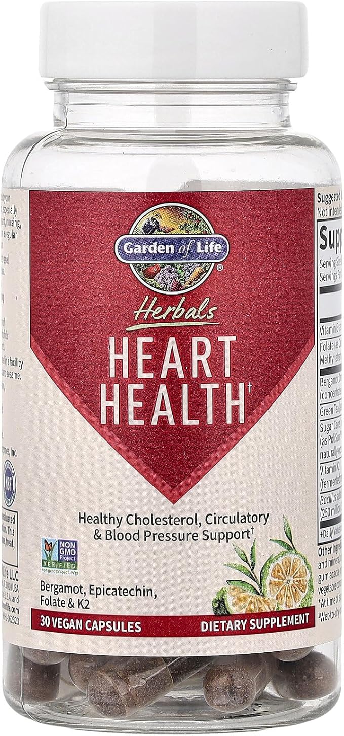 Garden of Life Herbals Heart Health Supplement with Folate Bergamot Green Tea &amp Vitamin E &amp K for Cholesterol Circulatory &amp Blood Pressure Support Non-GMO Gluten-Free Citrus Flavor