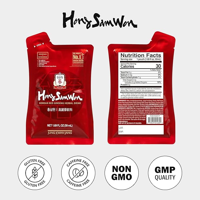 JUNG KWAN JANG Hong Sam Won Korean Red Ginseng Drink | Energy Drink Pre Workout Herbal Tea Ginseng Supplement | Jujube Ginger Cinnamon Goji Berry | Vegan Friendly (20 Count)
