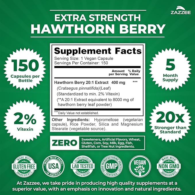 Zazzee Extra Strength Hawthorn Berry 20:1 Extract 2% Vitexin 150 Vegan Capsules 5 Month Supply Crataegus Pinnatifida Antioxidant &amp Circulation Support 10X Concentrated Non-GMO Made in the