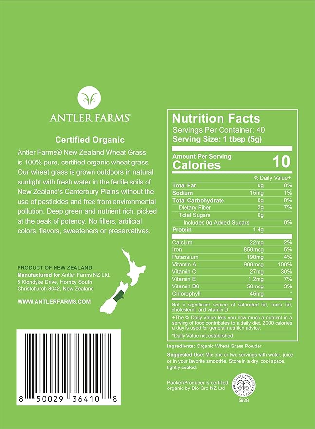 Antler Farms - 100% Pure Organic New Zealand Wheatgrass Powder 40 Servings 200g - Raw Vegan Gluten Free Nutrient Rich High Chlorophyll Wheat Grass Detox Essential Amino Acids Minerals