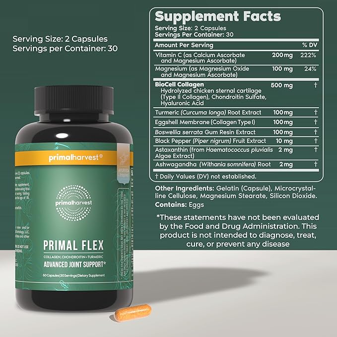 Primal Harvest Primal Flex with Turmeric Hyaluronic Acid Type II Collagen and Boswellia for Joint Comfort Flexibility and Mobility Support (60 Count (1 Pack))