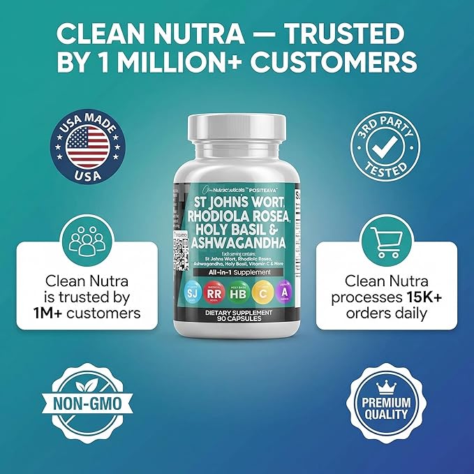 Clean Nutraceuticals St Johns Wort Rhodiola Rosea Holy Basil Ashwagandha - Mood Support for Women and Men with Vitamin C &amp Black Pepper Extract - 90 Caps