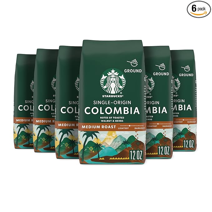 Starbucks Ground Coffee Medium Roast Hot or Iced Coffee Single-Origin Colombia Six 12 oz Bags