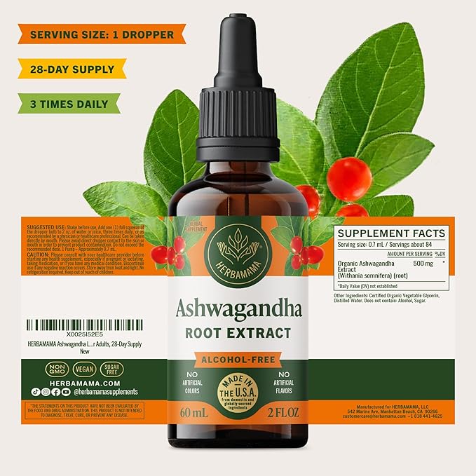 HERBAMAMA Ashwagandha Liquid Drops - Vegan Ashwagandha Root Extract for Calm &amp Mood Support - Non-GMO Alcohol &amp Sugar-Free Calming Supplement for Adults 28-Day Supply