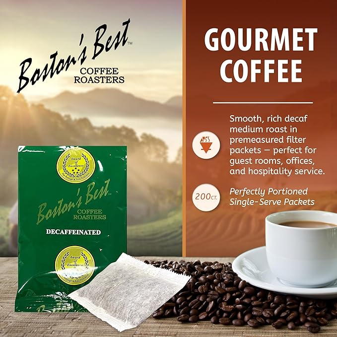 Boston’s Best - In-Room Premium Roast Ground Decaf Coffee Filter Portion Packets Breakfast Drinks Pack of 200 (.664 oz. per packet) Use with 4-Cup Drip Coffee Machine