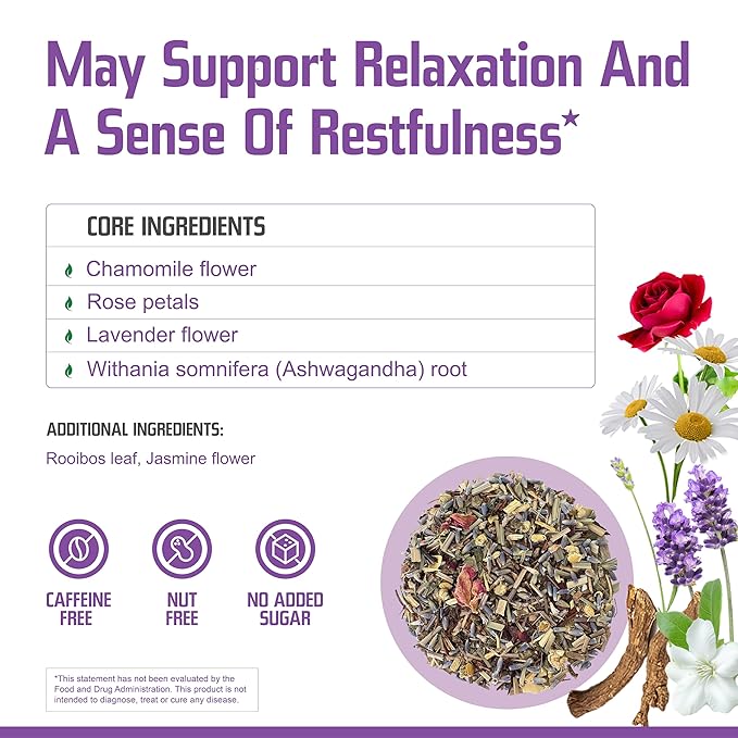 Newjiva Sleep Well Herbal Tea - 40 Tea Bags Per Pack - All Natural - Caffeine Free - Includes Chamomile Rose Lavender Jasmine Ashwagandha &amp more - GMP Certified Facility