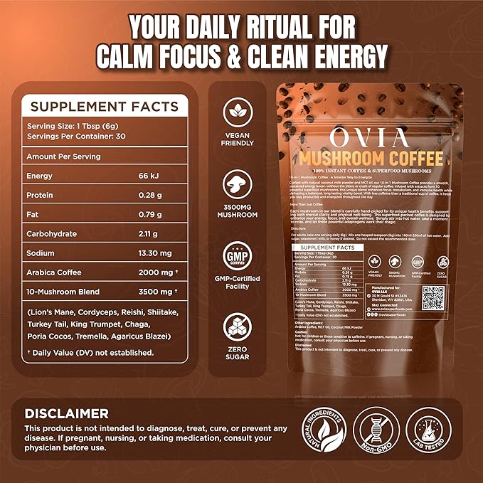 OVIA Natural 10 Mushroom Coffee with 3500mg for Weight Management Focus &amp Gut Health - Daily Dose Ten Mushroom Coffee for Clean Energy - Low Caffeine Adaptogenic Instant Coffee with Lion’s ManeC