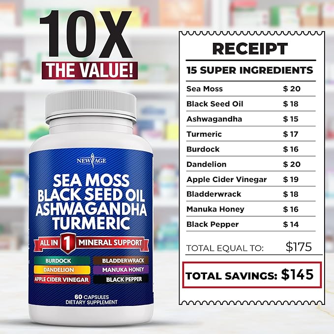 NEW AGE Silica Sea Moss Black Seed Oil Ashwagandha Turmeric Bladderwrack Burdock - with Manuka Honey Dandelion ACV Black Pepper Gluten Free
