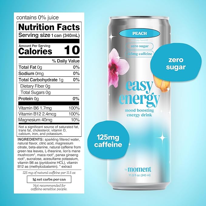 Easy Energy Drink (Peach) – Zero Sugar Sparkling Energy Drink with Natural Caffeine Magnesium &amp Lion’s Mane – Clean Energy for Workouts &amp Busy Days – 12 Pack