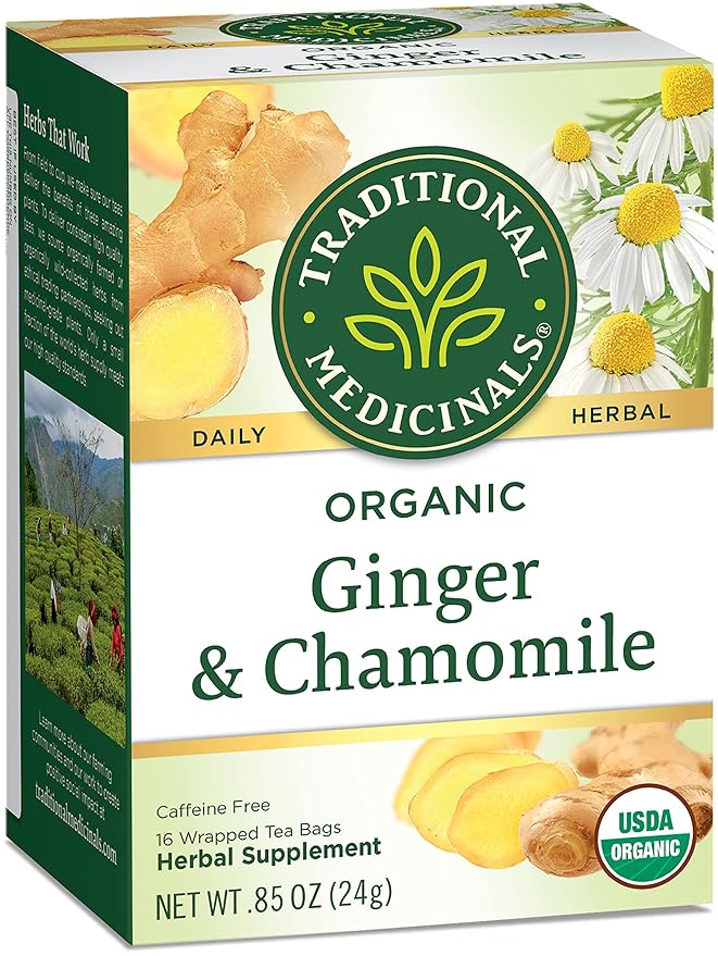 Traditional Medicinals Organic Ginger &amp Chamomile Herbal Tea Relieves Occasional Indigestion or Nausea (Pack of 3) - 48 Tea Bags Total