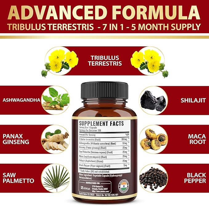 Tribulus Terrestris Supplement for Men &amp Women 5-Month Supply with Ashwagandha Panax Ginseng Saw Palmetto Maca Shilajit 150 Count