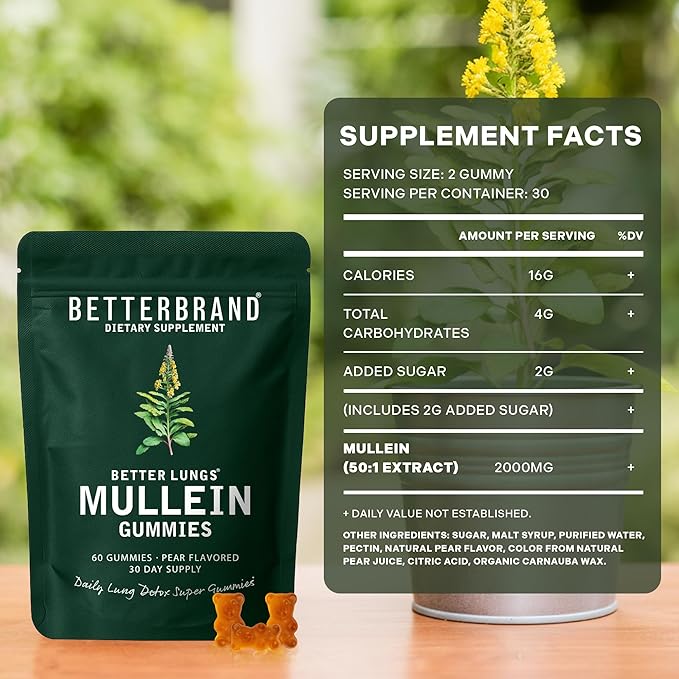 Betterbrand Mullein Chewable Gummies for Lung Cleanse and Detox Respiratory Health Supplement 1000mg Mullein Extract per Serving 180 Gummies - 90 Day Supply - Pear Flavored