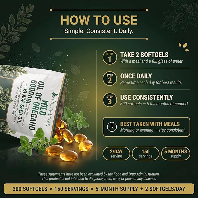 Wild Oil of Oregano 6000mg with Black Seed Turmeric &amp Ginger – 300 Softgels | 95% Carvacrol &amp Thymoquinone | Immune Gut &amp Respiratory Support | High-Potency Herbal Complex – Vegan &amp