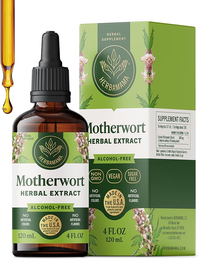 HERBAMAMA Motherwort Tincture - Vegan Motherwort Herb Extract Calming Drops for Women's Support - Non-GMO Alcohol &amp Sugar-Free Liquid Relaxation Supplement 56-Day Supply